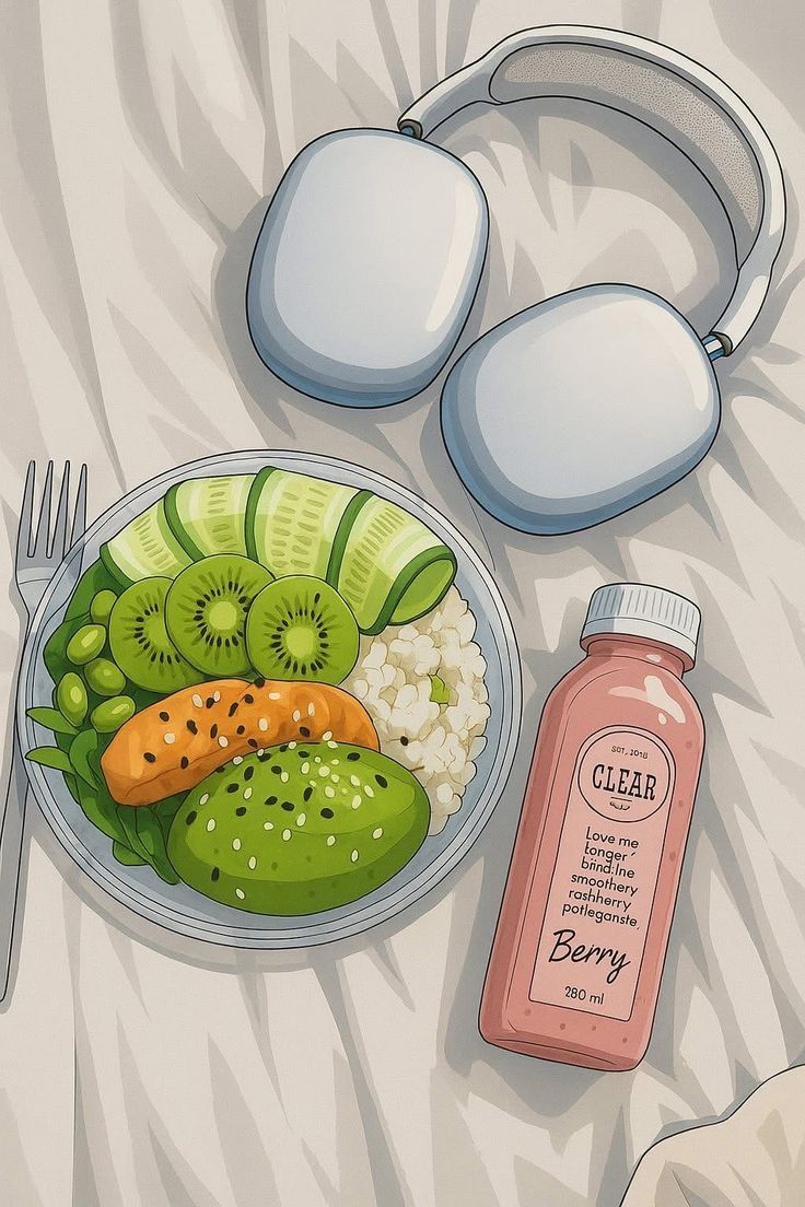 Healthy bowl next to headphones on a desk