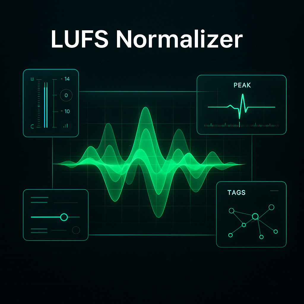 LUFS Normalizer dashboard with loudness, peak and tag panels